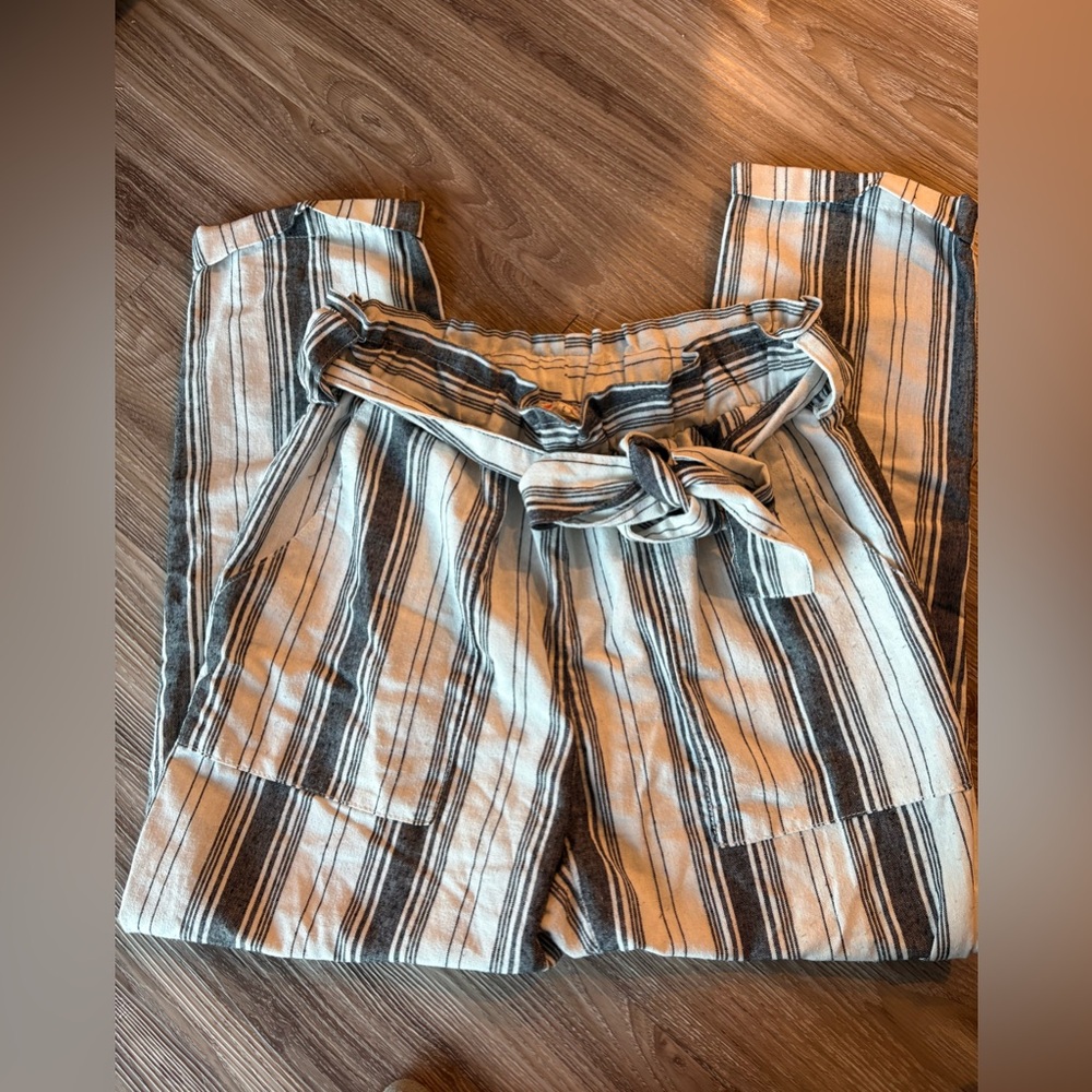 Linen Grey and White Striped Wide Leg Pants with Tie Waist